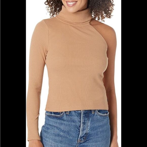 NWT Calvin Klein Jeans Women's One Shoulder Turtleneck Top Brown Size Small - Picture 6 of 6